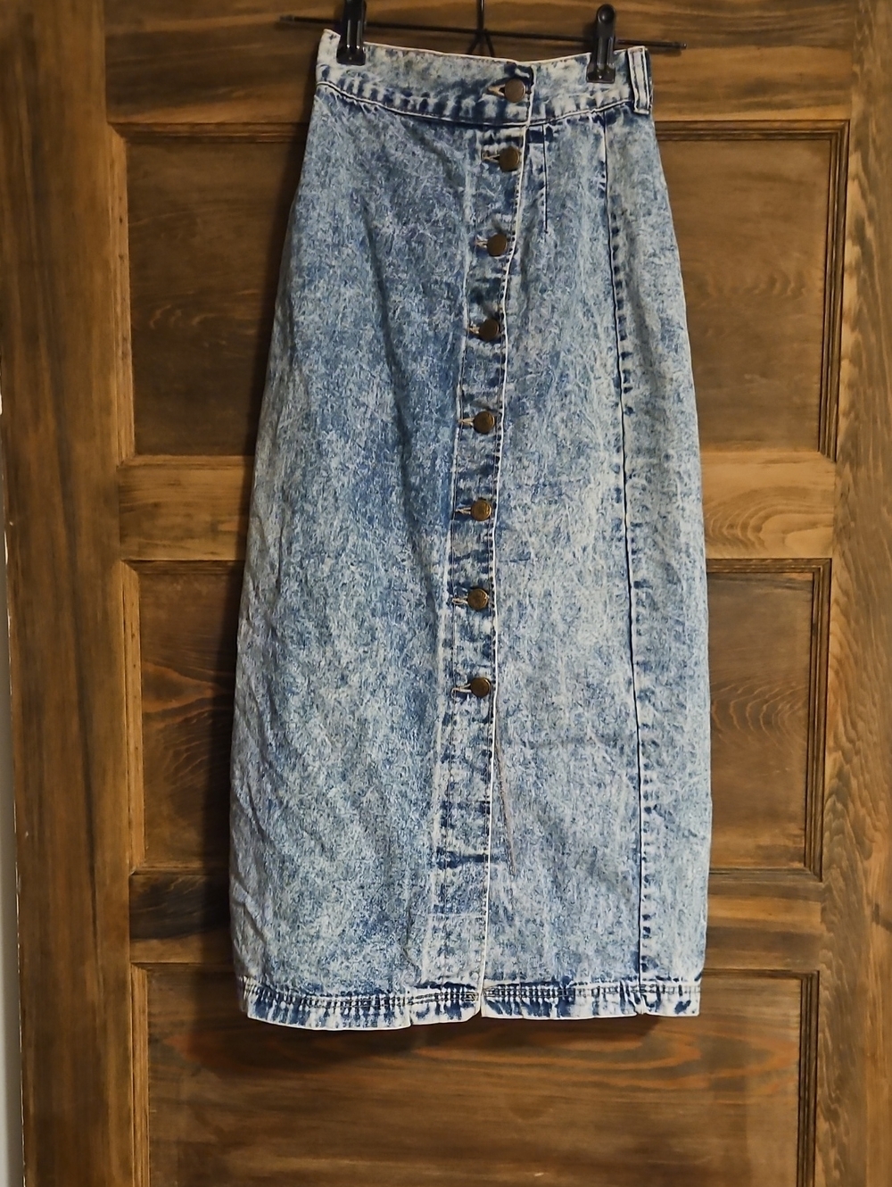 Vintage Acid Wash Button-Front Denim Maxi Skirt